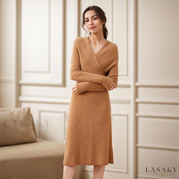 Lasaky - Premium Bodycon Knit Dress with Cashmere Blend and Cross-Over Design Cashmere Sweater Dress, Wool Knitted Dress, Bodycon Midi Skirt, Bodycon Sweater Dress, Cashmere Outfits, Long Knitted Dress, Cashmere Dress, Long Sleeve Wrap Dress, Long Sweater Dress