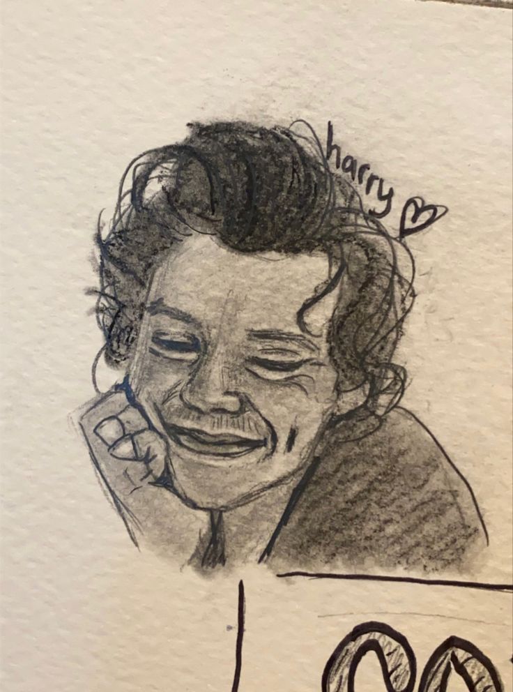 a drawing of a man laughing and holding his hand up to his ear with the word harry on it