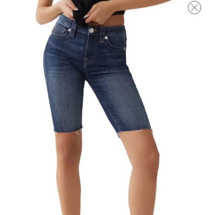 True Religion Riley Raw Hem Denim Knee Length Shorts Crossposted High Rise Dark Wash Bermuda Shorts With Built-in Shorts, Denim Bottoms With Built-in Shorts Mid-thigh Length, Dark Wash Jean Shorts With Built-in Shorts, Mid-rise Bottoms With Built-in Shorts, Fitted Dark Wash Short Length Jeans, Fitted Dark Wash Short-length Jeans, Mid-rise Medium Wash Bermuda Shorts With Frayed Hem, Mid-rise Bermuda Shorts With Frayed Hem In Medium Wash, Dark Wash Bottoms With Frayed Hem