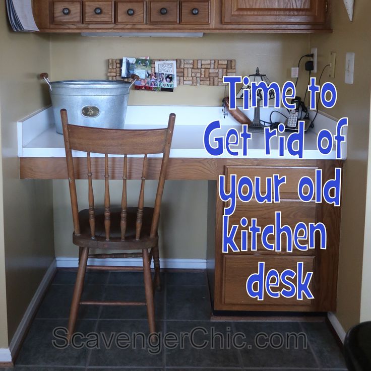 a kitchen with wooden cabinets and a white sink under a mirror above it is the words time to get rid of your old kitchen desk