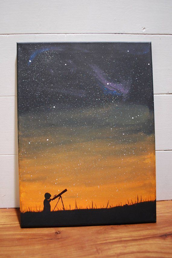 a painting of a man looking up at the stars with a telescope in his hand