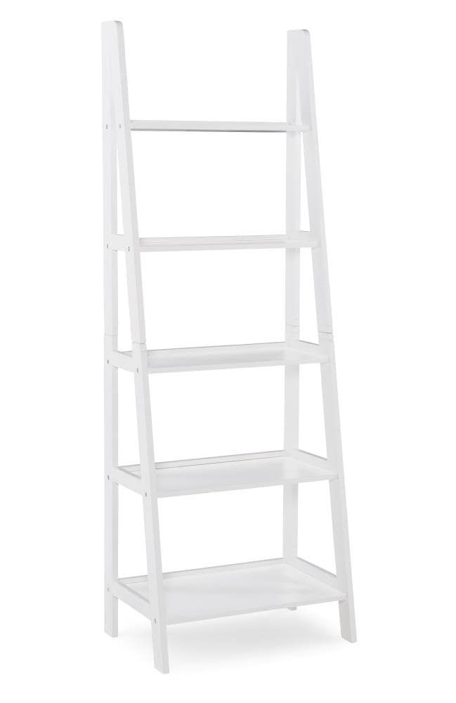 a white ladder shelf with three shelves on each side