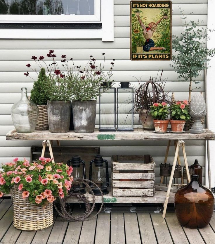 an outdoor area with potted plants and flowers