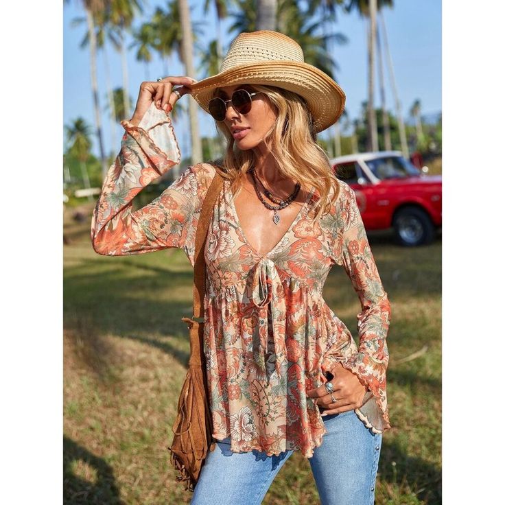 Material: 94% Polyester, 6% Elastane Xs=2 S=4 M=6 L=8/10 Xl=12 Shop Our Full Collection Of: Vacation Outfit - Preppy - Y2k - Cottagecore - Gypsy - Boho - Tiktok - Classic - Classy - Trendy - Work Office - Business Casual - Contemporary - Minimalist - Business Professional - Workplace Wear - Fall - Winter - Spring - Summer - 90s - Date Night - Wedding Guest - Bridesmaid - Bachelorette - Baby Shower - Casual - Dressy - Hippie - Beach - Birthday Gift - Resort - 00s - Cruise - Travel - Light Academi Orange Bohemian V-neck Top, Casual Fall Festival Peasant Top, Orange Fall Blouse For Day Out, Orange Blouse For Fall Day Out, Summer Hippie V-neck Peasant Top, Hippie V-neck Peasant Top For Summer, Spring Hippie Peasant Top With Boho Collar, Fall Vacation Blouse With Boho Print, Fall Vacation Boho Print Blouse