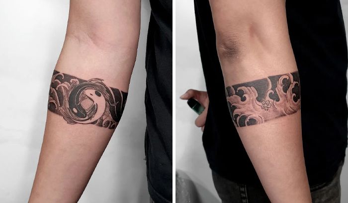 two tattoos on the arms of people who are both wearing black and grey inks