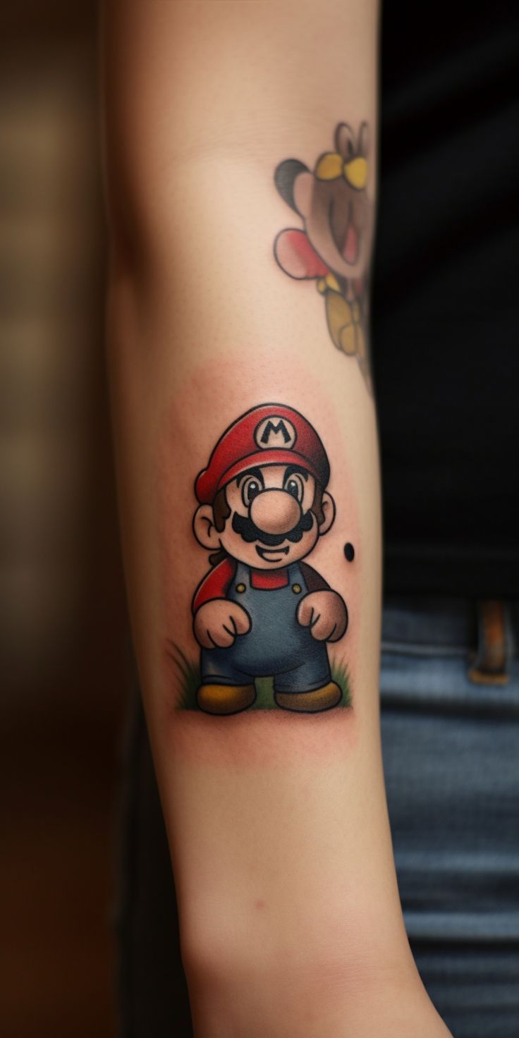 A classic and iconic Super Mario tattoo, featuring clean lines, skillful shading, and a playful design that captures the character's charming features and adventurous spirit with artistic flair. This delightful tattoo is an excellent choice for those seeking a timeless and artistic representation of their love for Super Mario on their skin. Super Mario Tattoo, Pop Culture Tattoos, Mario Tattoo, Culture Tattoos, Timeless Tattoo, Video Game Character, Latest Tattoos, Face Tattoos, Tattoo Videos