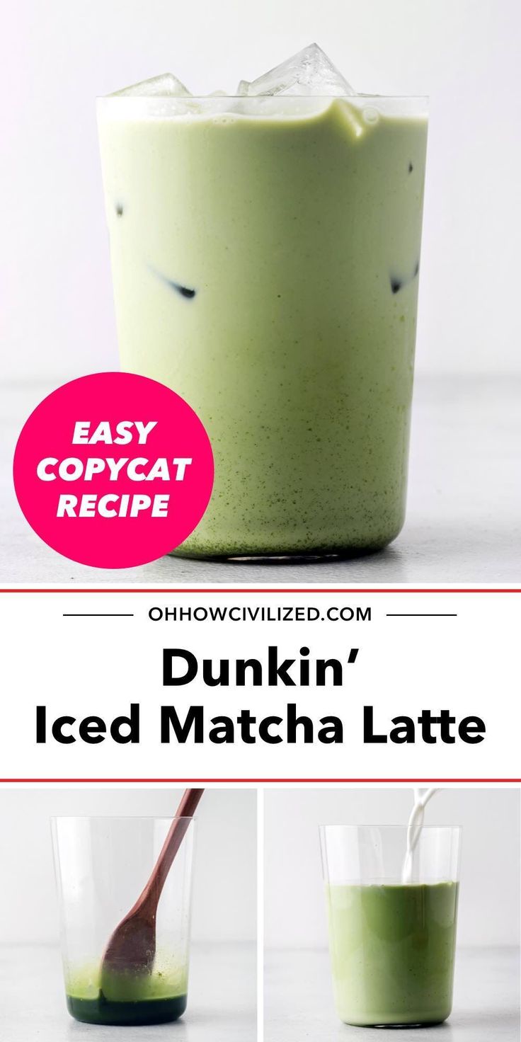 the recipe for dunkin'iced matcha latte is shown in three pictures