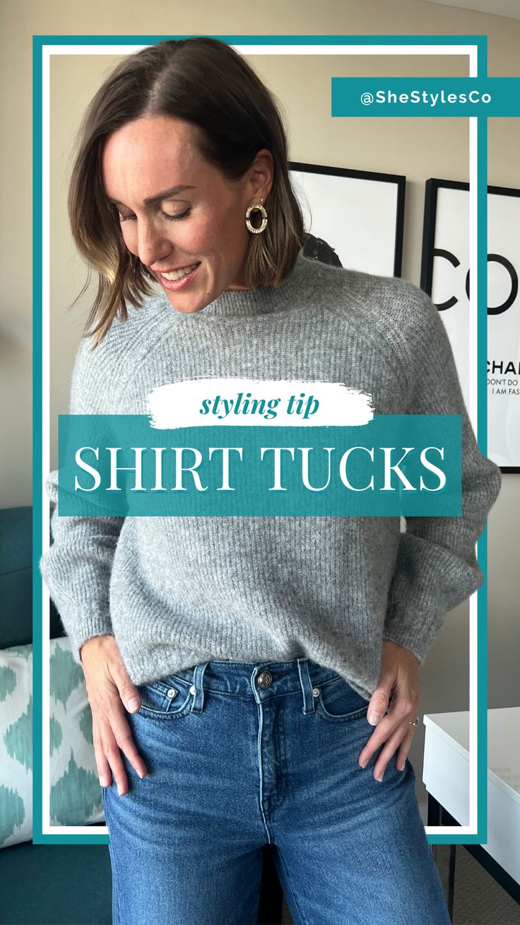 Different TOPS call for different TUCKS 💃🏻 1️⃣ A Full Tuck is great for a longer, more fitted style top. 2️⃣ The Front Tuck or “French Tuck” works well with a more relaxed or oversized fit top, as you can see with this sweater here. Try a Side Tuck for some asymmetrical variation with this one as well! 3️⃣ The Half Tuck is a fun way to add some extra style to your classic button-down shirt. Want a more fitted look? Try the Cross Tuck! Like and follow for more outfit ideas and style tips! When To Tuck And Not Tuck Your Shirt, One Side Shirt Tuck, Half Tuck Sweater, Front Tuck Sweater, How To Half Tuck Your Shirt, French Tuck Sweater, How To Tuck In A Sweater, Half Tucked Button Down, Tuck Sweater