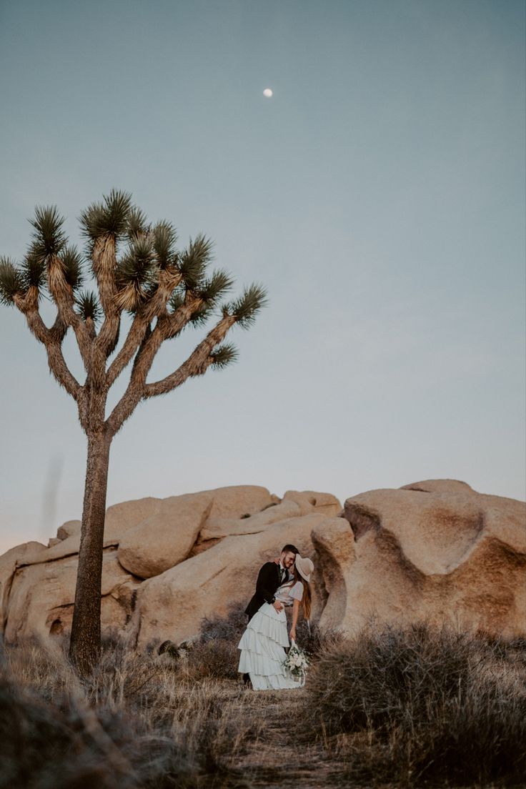 a bride and groom standing in front of a joshua tree