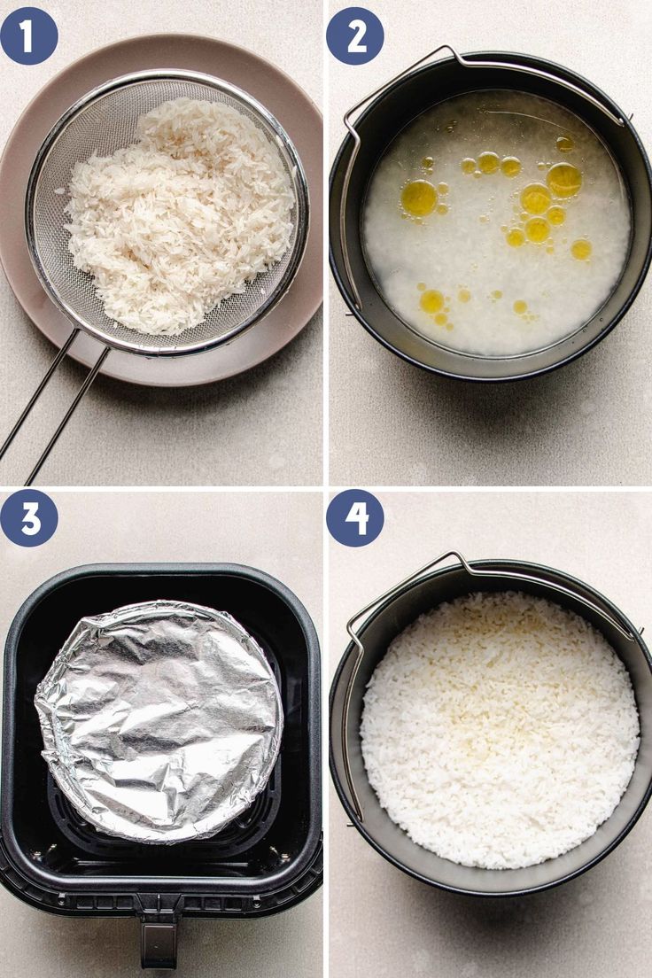 four pictures showing how to make rice in a pot