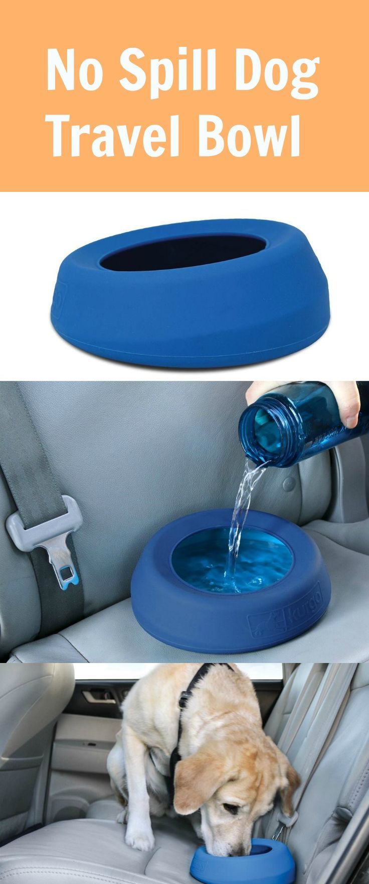 a dog drinking water out of a blue bowl in the back seat of a car