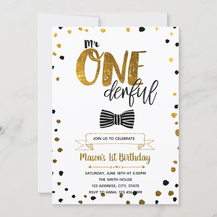 a white and gold birthday party card with the words, mr onederful on it