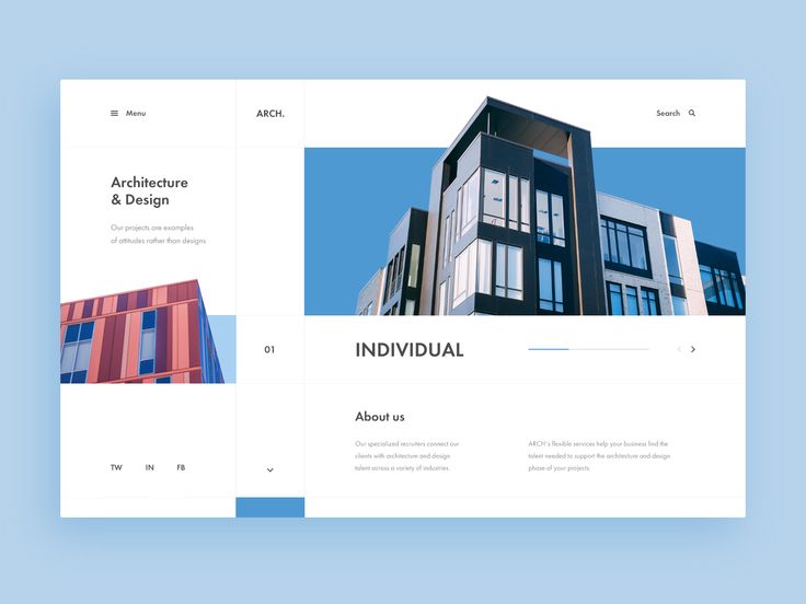 the front and back pages of an architectural website