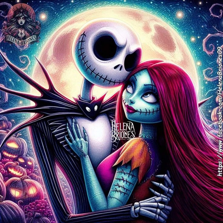 a painting of a skeleton hugging a woman in front of a full moon with pumpkins