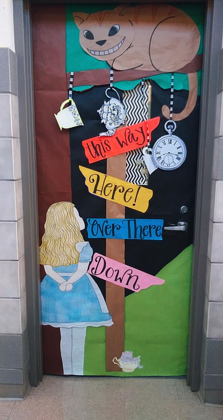 Literary Door Decoration, Alice In Wonderland Door Decoration, Middle School Classroom Themes, Halloween Door Decorations Classroom, Fairytale Theme, Hoco Ideas, Class Door, Reading Projects, Library Display