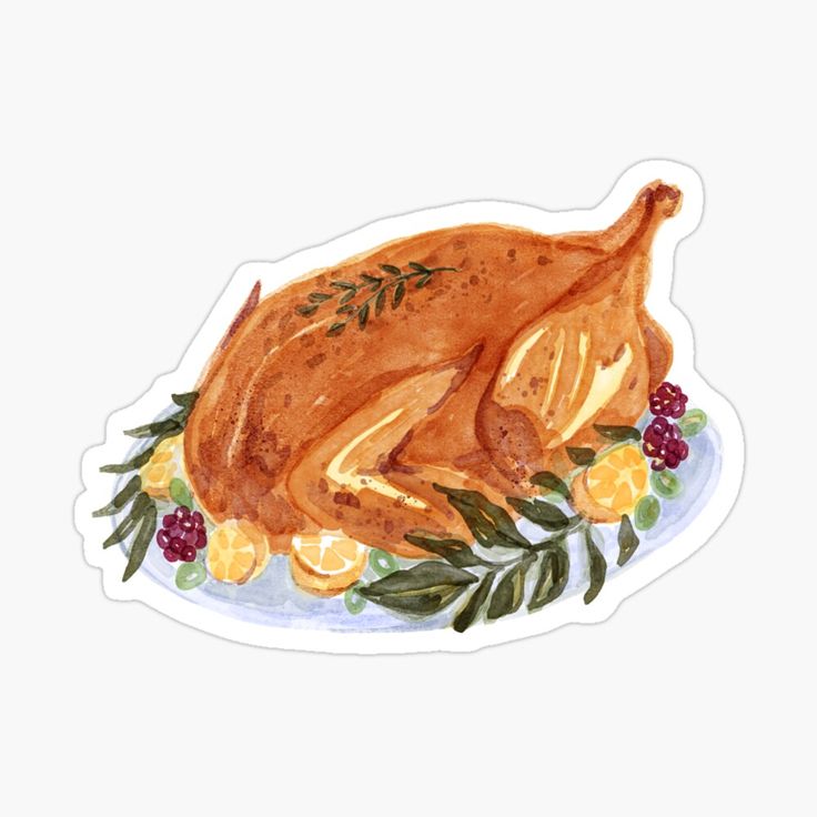 a watercolor drawing of a roasted turkey on a plate