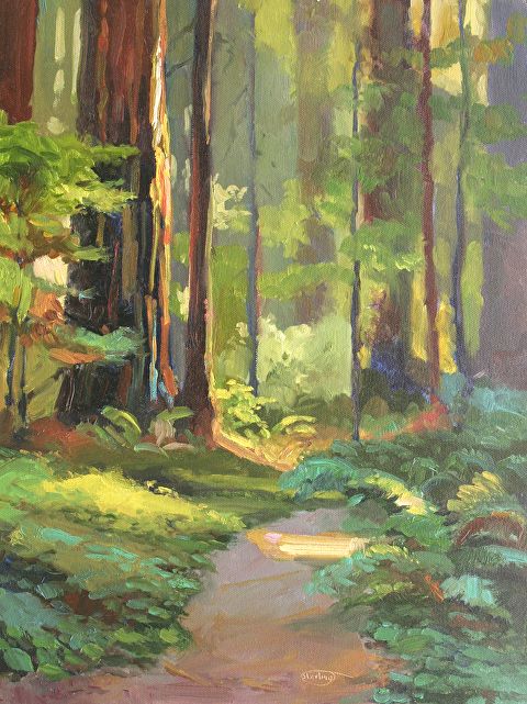 an oil painting of a path in the woods