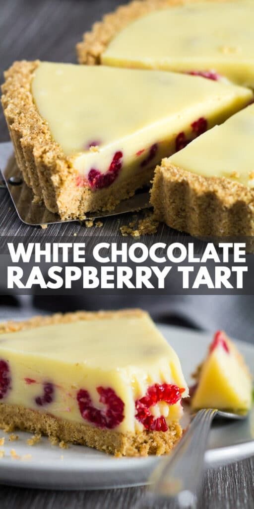 white chocolate raspberry tart on a plate with a slice cut out and ready to eat