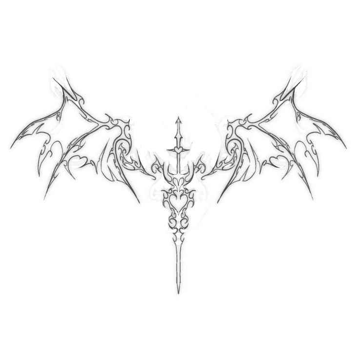 a drawing of a dragon's wings and cross tattoo design on a white background