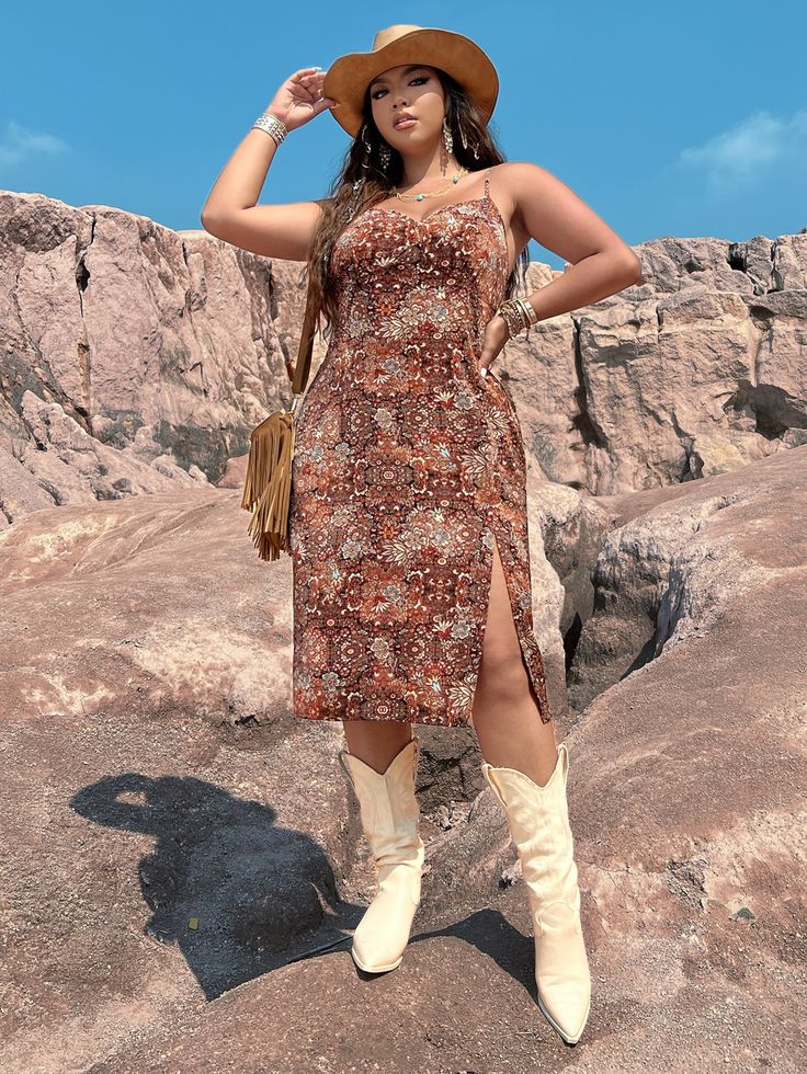 Plus Allover Floral Print Split Thigh Cami Dress Ranchero Outfits Women, Curvy Cowgirl Outfits, Western Photoshoot Outfits, Plus Size Western Outfits Woman, Plus Size Western Outfits, Plus Size Cowgirl Outfits, Western Outfits Women Summer, Plus Size Western Wear, Plus Size Cowgirl