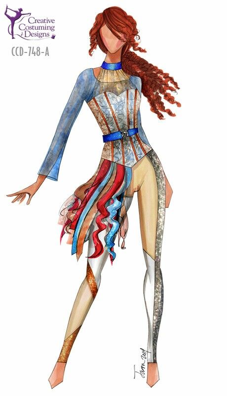 a drawing of a woman with long red hair and blue dress, standing on one leg