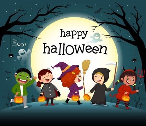 children dressed up in halloween costumes standing on a hill at night with the moon behind them