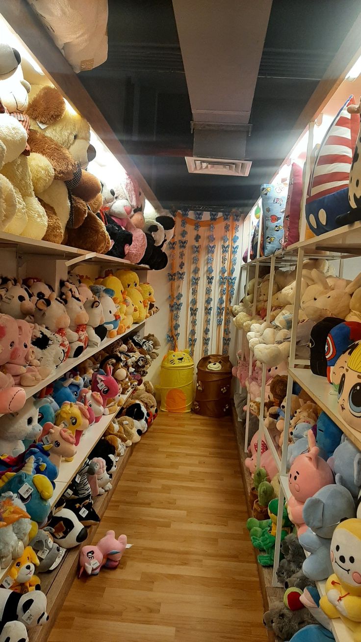 many stuffed animals are on shelves in a toy store with wooden flooring and hard wood floors