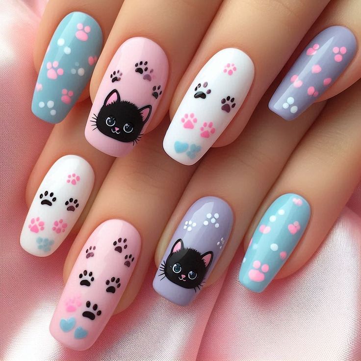 #kitten  #nails   #cute  #summer_nails Funny Nail Art Designs, Short Cat Nails Acrylic, Animal Nails Cute, Kitten Nails Design, Long Nails For Kids, Animal Nail Designs Easy, Nail Summer Designs, Nail Ideas Cat, Cat Nails Acrylic Art Designs