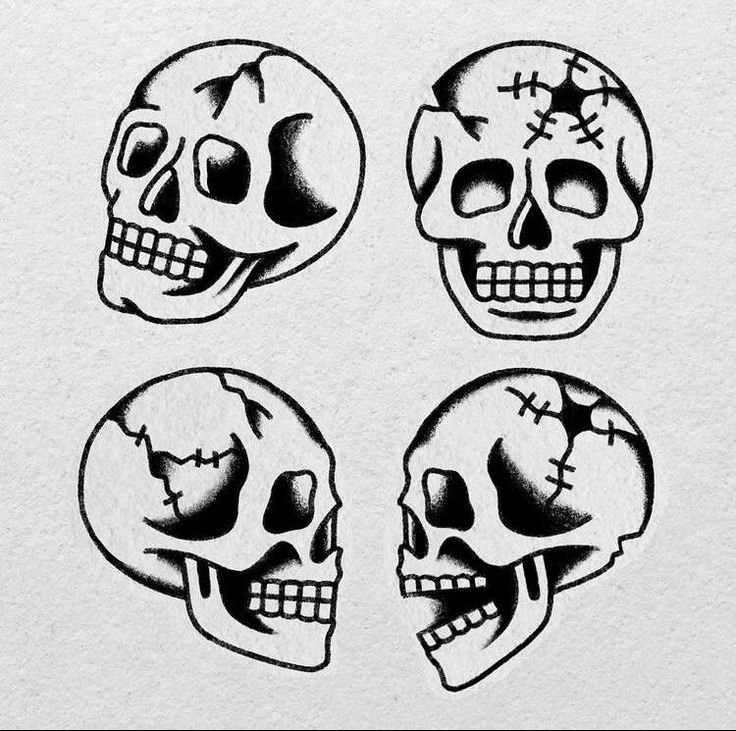 three skulls with different faces are shown in black and white ink on a piece of paper