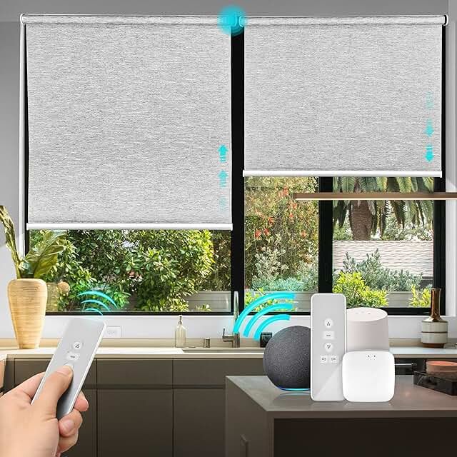 a person holding a remote control in front of a window with blind shades on it