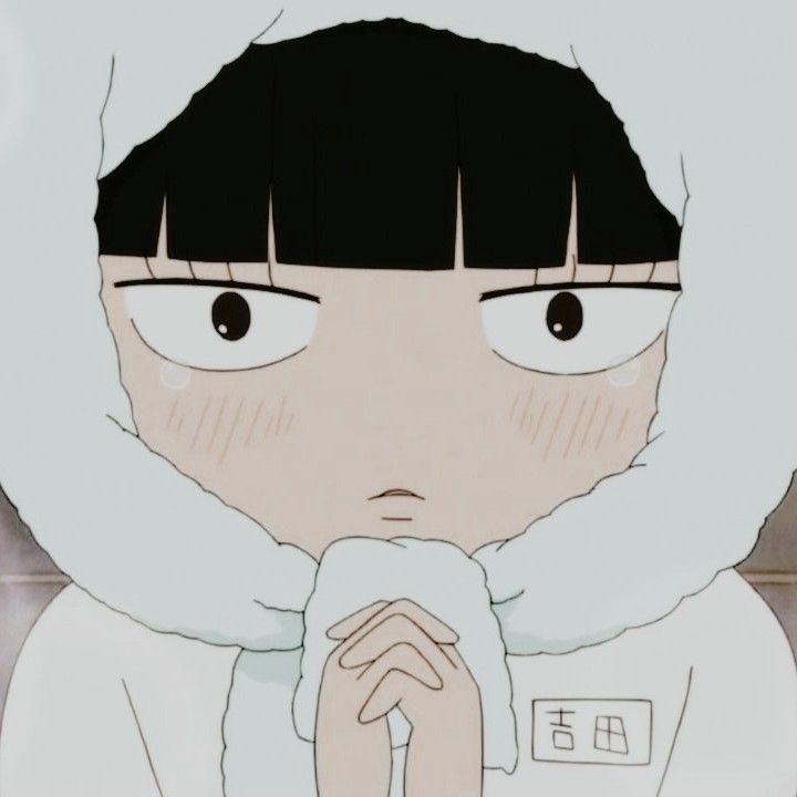 an anime character with black hair wearing a white shirt and blue scarf, holding her hands in front of her face