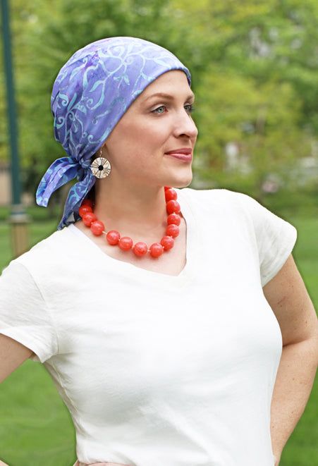 We know you'll want more than one! Add 4 Bali Batik Headscarves to your cart and the 4th one is FREE! Or Mix & Match with our Buy 3 Get 1 Free Collection. Cannot be combined with coupons or other offers. 'BALI BATIK CHEMO SCARF FOR WOMEN with 50+ UPF sun protection for cancer patients and women with hair loss. Generously sized, 28 inch easy-tie square in soft, breathable 100% rayon batik WILL NOT SLIP ON A BALD HEAD. These lovely hand-crafted batik head wraps for chemo patients stay securely tie Cotton Head Scarf, Chemo Head Scarf, Boho Head Wrap, Chemo Scarves, Head Scarf Tying, Ladies Head Scarf, Chemo Headwear, Head Scarves, Bald Head