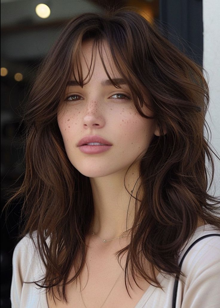 Cute Midlength Haircuts Layers, Modern Bangs Medium Hair, Long Wolf Cut With Curtain Bangs, Curtain Bangs Mid Length Hair, Wavy Hair With Curtain Bangs, Wavy Curtain Bangs, Wavy Mid Length Hair, Bangs Wavy Hair, Haircut Medium