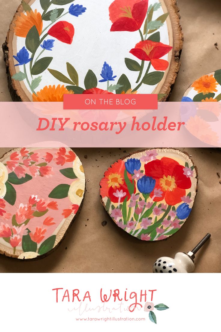 three wooden slices with flowers painted on them and the words, diy rosemary holder