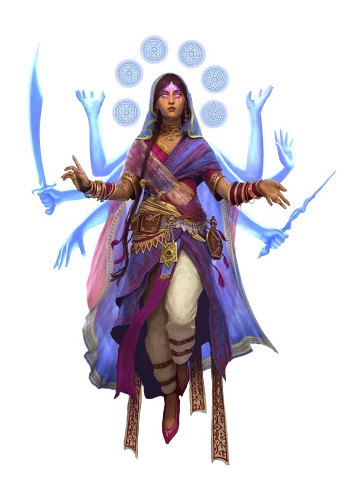 a woman dressed in blue and purple with her arms outstretched