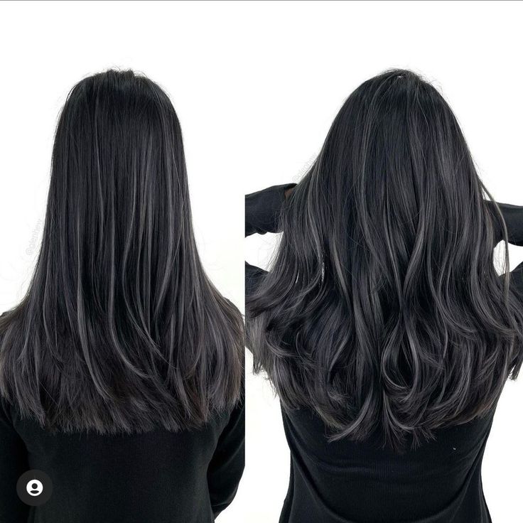 Ash Highlights For Black Hair, Black With Ash Brown Highlights, Dark And Ashy Hair, Deminsional Black Hair, Grey Hair With Black Low Lights, Black Onyx Hair Color, Black With Low Lights Hair, Dimension In Dark Hair, Ashy Babylights On Black Hair