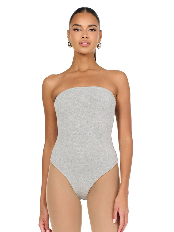 HEATHER GREY|0 Stretch Cotton Bodysuit With Lined Body, Strapless Second-skin Seamless Bodysuit, Stretch Strapless Bodysuit With Lined Body, Strapless Stretch Bodysuit With Lined Body, High Cut Bodysuit With Minimal Stretch For Summer, High Cut Summer Bodysuit With Minimal Stretch, High-cut Bodysuit With Minimal Stretch For Summer, Fitted Bandeau Bodysuit With Lined Body, Summer Bodysuit With Minimal Stretch And High-cut Leg