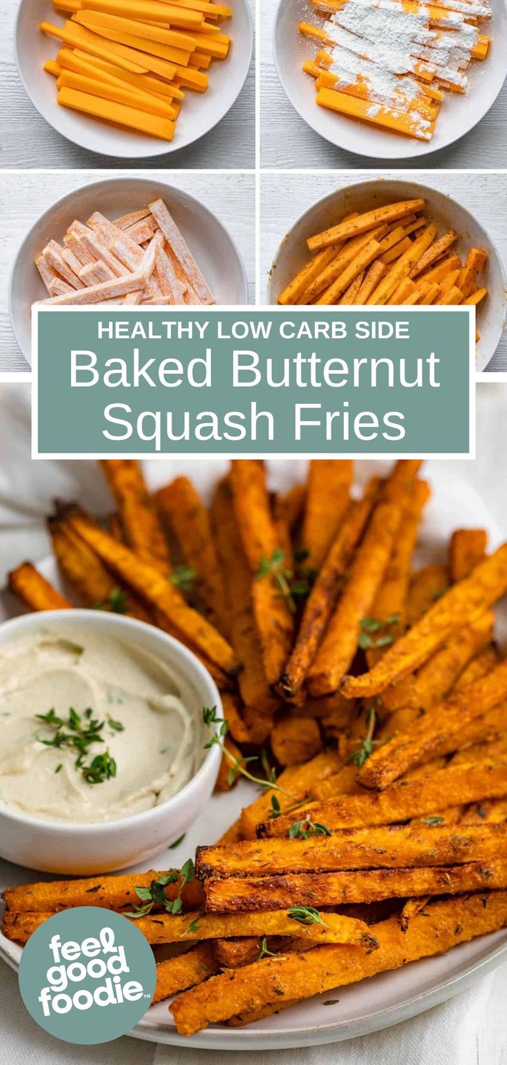 healthy low carb side baked butternut squash fries with ranch dip and sour cream