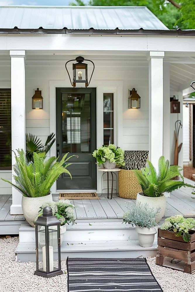 a white house with potted plants on the front porch