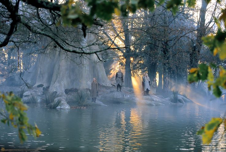 a body of water surrounded by trees and rocks with mist rising from the water's surface