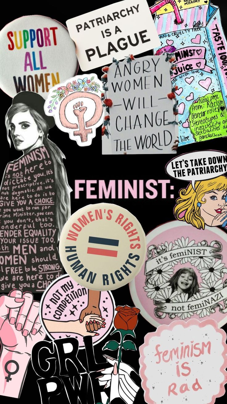 collage of feminist stickers on black paper with white writing and images of women's rights