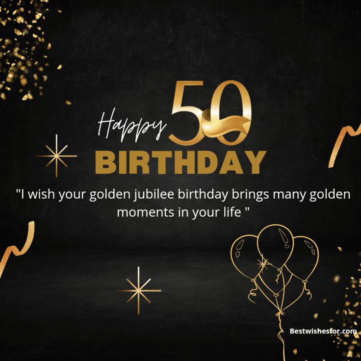 a black and gold 50th birthday card with confetti, balloons and streamers