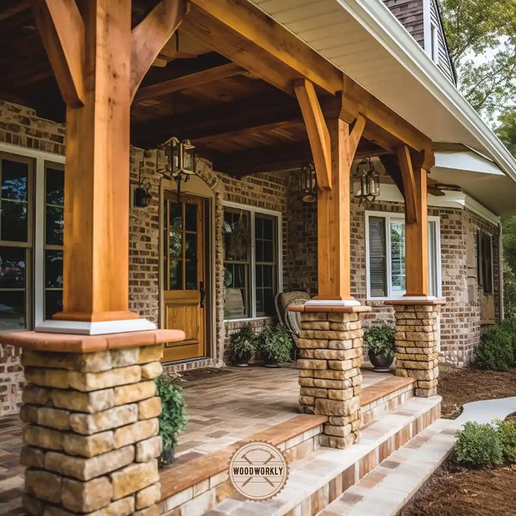 an outdoor covered porch with stone pillars and columns