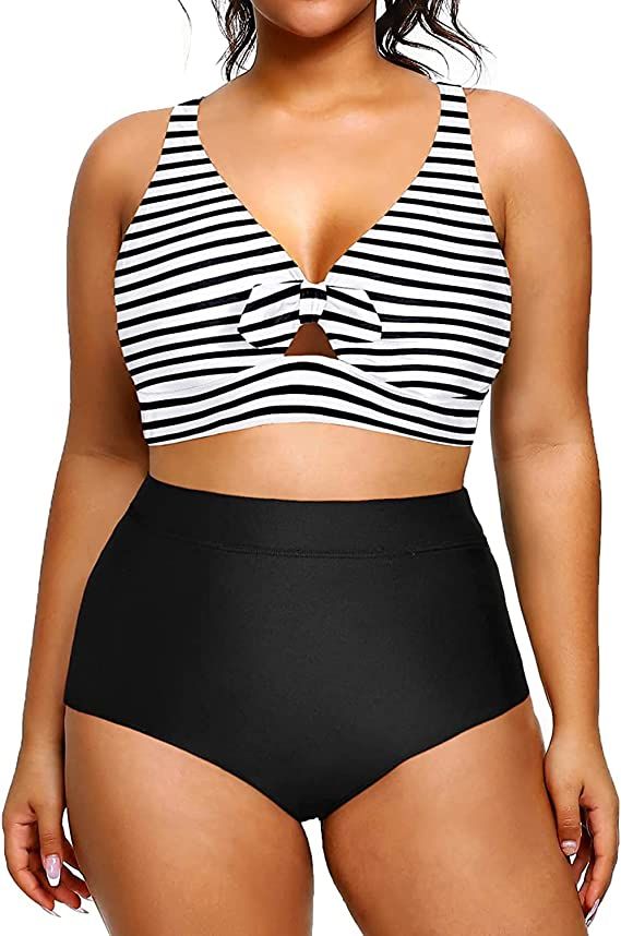 Daci Women Plus Size Two Piece Swimsuit with High Waisted Bikini Bottoms Tummy Control Bathing Suit Two Piece Bathing Suits, Swimsuits Two Piece, High Waisted Swim Bottoms, Halter Top Tankini, Top Halter, Two Piece Swimsuit, Swimsuits High Waisted, Women Plus Size, Bathing Suit