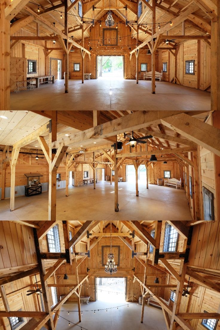 the inside of a large wooden building with lots of windows and wood beams on it