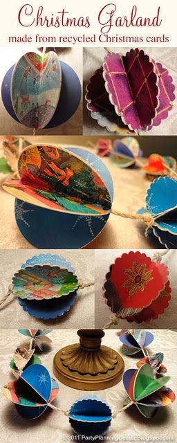 christmas garlands made from recycled christmas cards and paper plates with the words, how to make