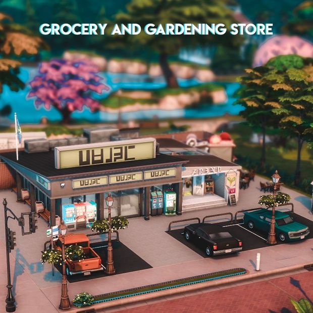 an animated rendering of a grocery and gardening store with cars parked in front of it