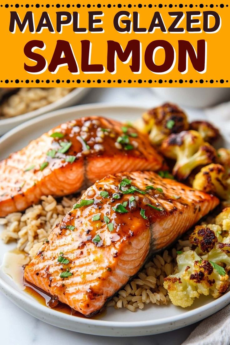 salmon and cauliflower on a white plate with text overlay that reads maple glazed salmon