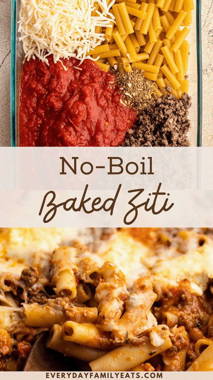 no - boil baked ziti recipe in a casserole dish with cheese and sauce