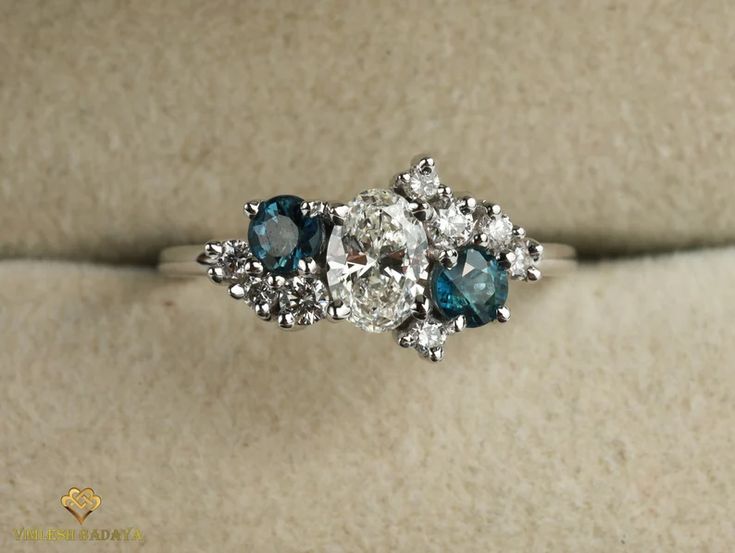 Lab Created Diamond Cluster Engagement Ring for Women E-F/VS | Etsy Sapphire Diamond Cluster Ring, Cluster Stone Engagement Ring, Sapphire Diamond Rings Engagement, Cluster Rings Diamond, Diamond Rings With Colour Stones, Cluster Diamond Ring Designs, Alexandrite Cluster Ring, Multi Stone Engagement Rings, Asymmetrical Cluster Engagement Ring